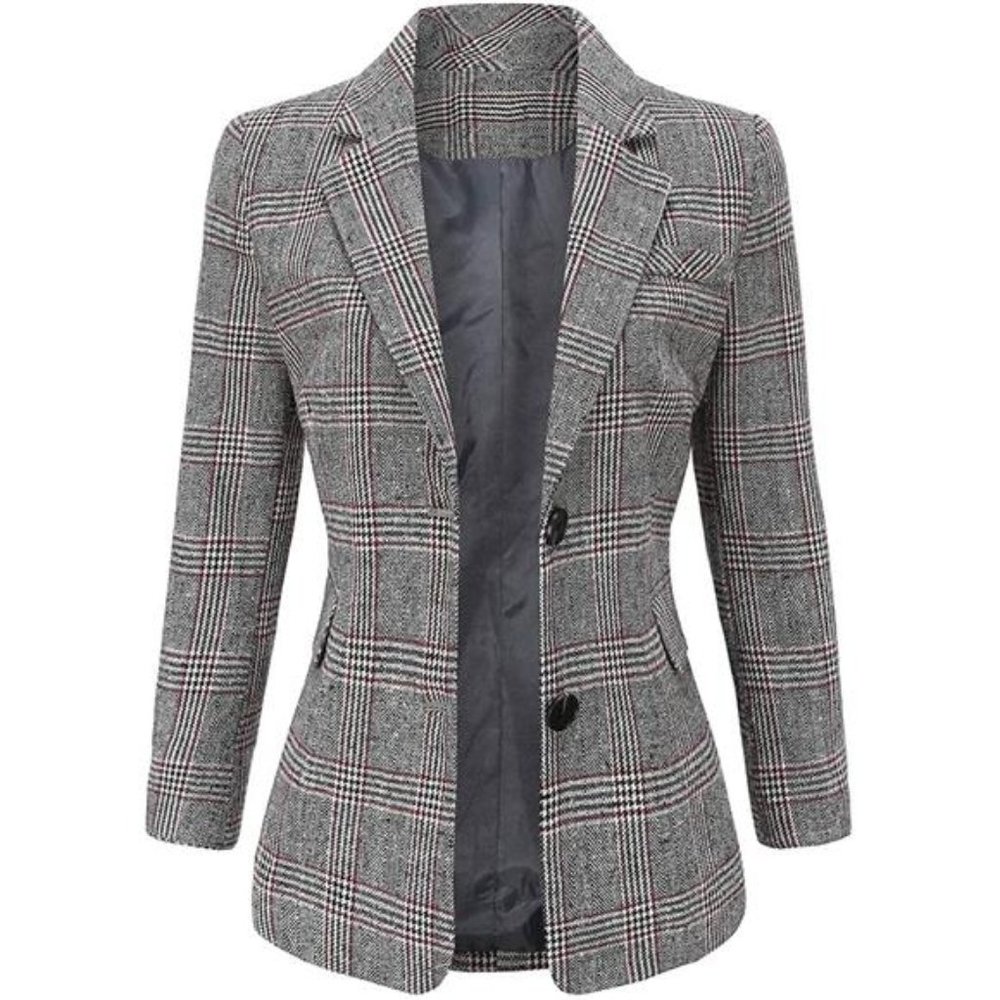 Women's Notch Lapel 2 Button Boyfriend Blazer Suit Houndstooth Plaid Jacket Coat
